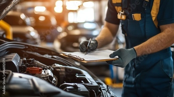 Fototapeta vehicle repair service with mechanic using clipboard for inspection and checking maintenance checklist in auto repair shop focusing on diagnostics and service work