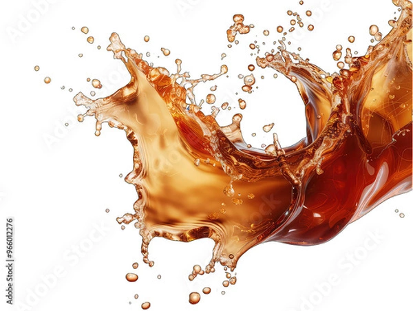 Fototapeta A cascading liquid brown soda or tea splash frozen, 3d texture isolated on a transparent background