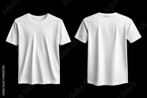 Fototapeta A plain white t-shirt displayed from the front and back on a black background.