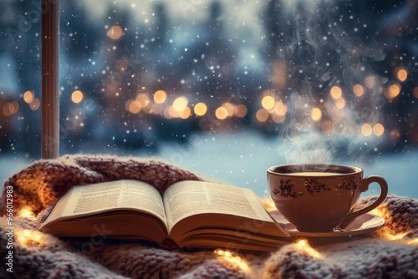 Fototapeta Cozy Winter Scene with a Cup of Tea, Book, and Lights