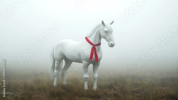 Obraz Graceful White Clay Horse with Red Ribbon in Minimalist Cinematic Style Standing in Foggy Meadow