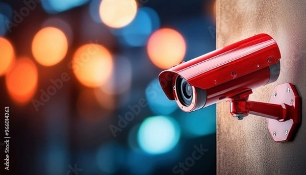 Fototapeta Red security camera mounted on a wall with blurred lights in the background