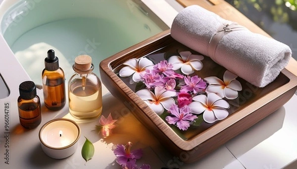 Fototapeta Relaxing spa setting with candles, roses, and towels. Soft lighting creates a warm and inviting atmosphere.