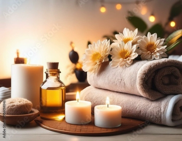 Fototapeta Relaxing spa setting with candles, roses, and towels. Soft lighting creates a warm and inviting atmosphere.