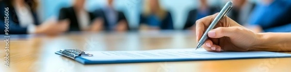 Obraz Executive Hand Writing Strategic Plan: Close-up of Pen on Document. Blue-Themed Corporate Meeting Background for Year-End Review. Professional Business Culture Concept for Marketing Campaigns and 4K W