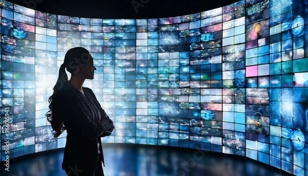 Fototapeta Silhouette of a person standing in front of a wall of screens displaying blurred images