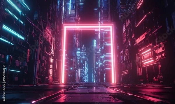 Fototapeta Electro-cyberpunk square cyberframe with neon highlights on a neon background. Glowing techno lines and 3-D digital circuit stripes.