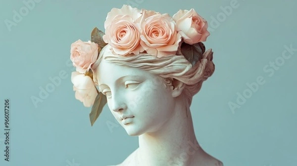 Fototapeta An antique female statue's head, cut with pink roses, set against a delicate color background.