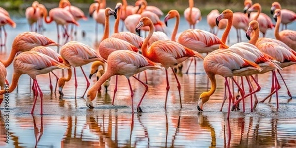 Fototapeta A Group Of Pink Flamingos Standing In A Shallow Lake With Their Heads Submerged In The Water, Searching For Food.