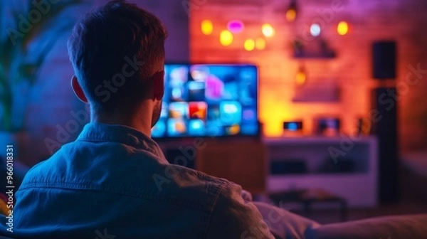Fototapeta A man sits on a couch in a dimly lit room watching a television screen.