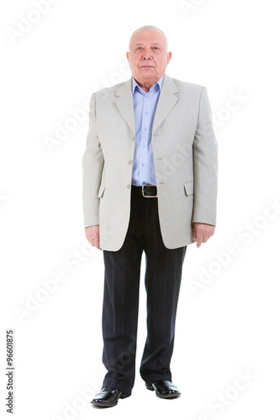 Fototapeta Full body Portrait of happy and successful senior old business man, dressed in suit and blue shirt, isolated on white background. Human emotions and facial expressions.