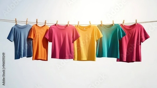 Fototapeta Brightly colored t-shirts hanging on a clothesline, isolated on a crisp white background, sunlit.