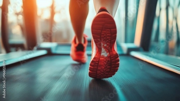 Fototapeta woman's feet running on a treadmill, symbolizing fitness, determination, and a healthy lifestyle. The image captures the motion and dedication involved in regular exercise