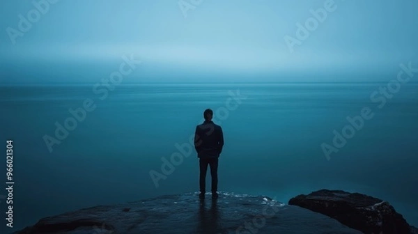 Fototapeta Man alone gazing at the vast sea, capturing a sense of solitude and introspection in a surreal setting.