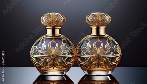 Fototapeta Two elegant perfume bottles with ornate glass design and gold accents, on a dark background