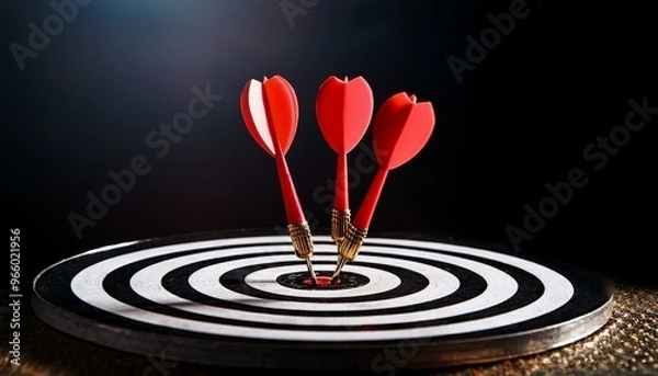 Fototapeta Two red darts hit the bullseye on a dartboard. A symbol of success and achievement