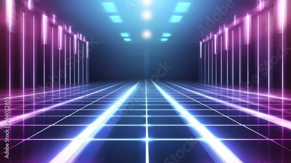 Fototapeta Neon glow lines design on cyan blue and purple grids, creativity, digital, internet, cyberpunk, virtual reality, abstract background. Stock illustrative photo.