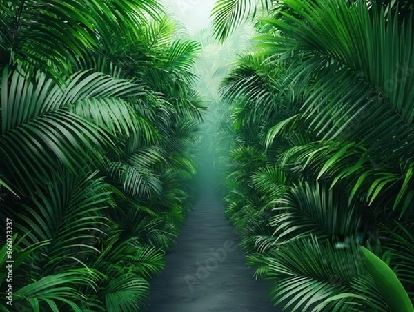 Fototapeta Path through a tropical rainforest, dense canopy overhead, mist in the distance, vibrant greens
