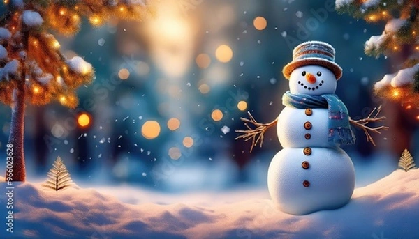 Fototapeta Snowman smiling and standing in snowfall with Christmas ornament. Winter morning landscape, bokeh forest background
