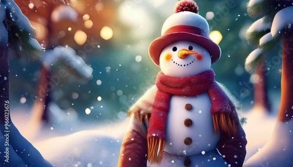 Fototapeta Snowman smiling and standing in snowfall with Christmas ornament. Winter morning landscape, bokeh forest background

