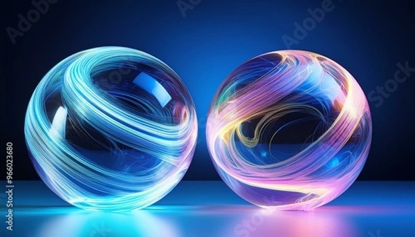 Fototapeta  Two glowing orbs with swirling neon patterns, reflecting on a blue surfac