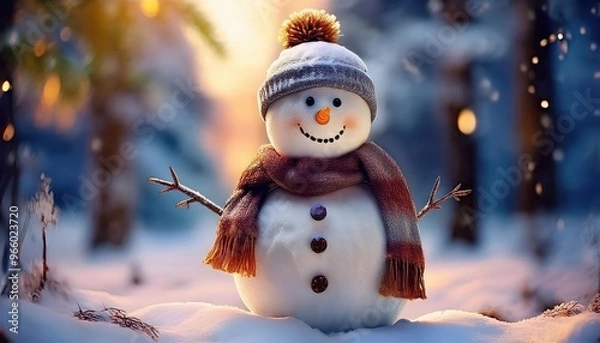 Fototapeta Snowman smiling and standing in snowfall with Christmas ornament. Winter morning landscape, bokeh forest background

