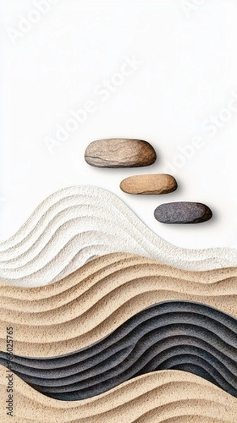 Fototapeta A serene composition featuring layered sand patterns and smooth stones, evoking tranquility and harmony in nature.