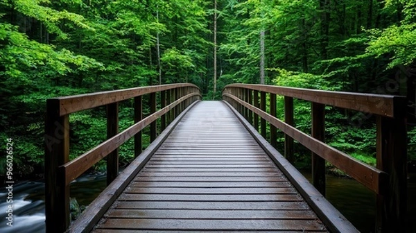 Fototapeta Wooden bridge crossing over a stream in a forest, canopy of trees above, peaceful ambiance