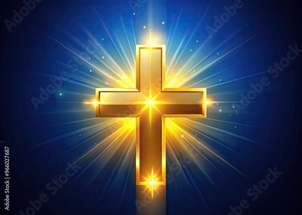 Fototapeta A Radiant Golden Plus Sign Beams Against A Dark Blue Background, Symbolizing Potential, Addition, And Opportunity.