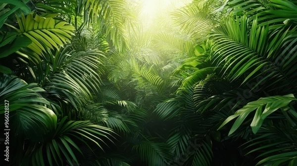 Fototapeta Green jungle canopy, exotic trees, mist rising, sunlight filtering through, serene atmosphere