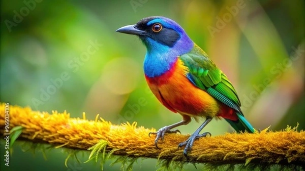 Fototapeta A Stunning Image Of A Vibrant, Colorful Bird Perched On A Branch With A Lush Green Background
