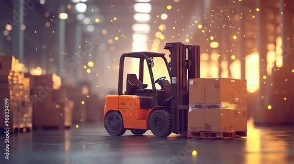 Obraz Forklift Truck with Pallet of Cardboard Boxes in Warehouse - AI generated illustration