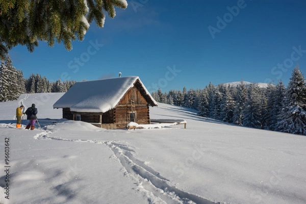 Fototapeta winter mountains scene with people