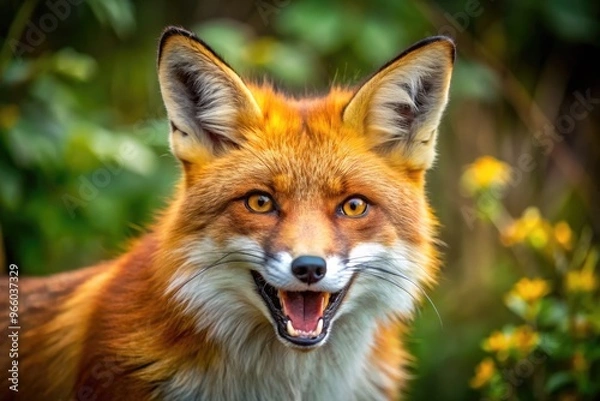 Fototapeta A vibrant orange-red fox with a fluffy bushy tail and piercing yellow eyes opens its mouth to reveal sharp white teeth in a playful snarl.
