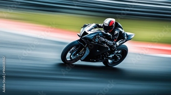 Fototapeta A high-speed motorcycle racing around a sharp curve on a racetrack, with motion blur in the background.