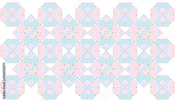 Fototapeta The Hmong ethnic fabric pattern is a spiral line pattern that intertwines in the shape of a heart, which is a unique symbol of the Hmong ethnic group. It can be used to design clothes, bags, and other