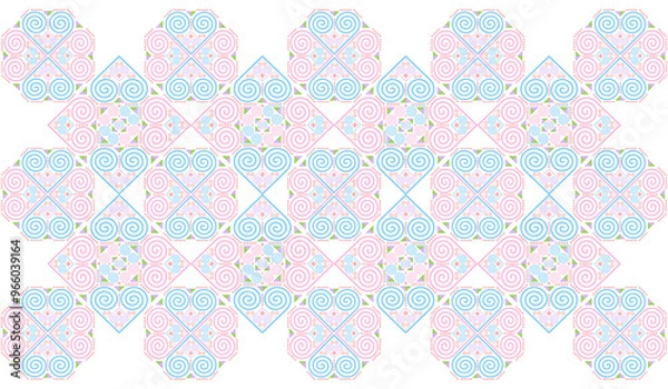 Fototapeta The Hmong ethnic fabric pattern is a spiral line pattern that intertwines in the shape of a heart, which is a unique symbol of the Hmong ethnic group. It can be used to design clothes, bags, and other