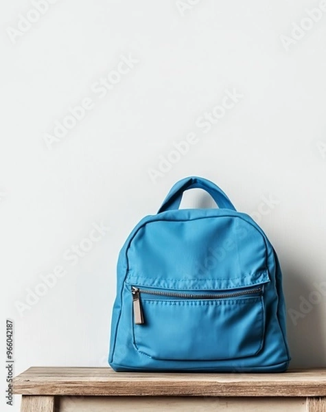 Fototapeta Blue Backpack with School Supplies on Wooden Table, High Resolution, Minimalistic Style, Copy Space for Text. AI generated illustration