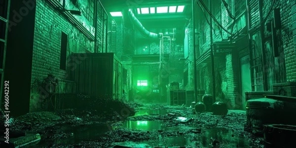 Fototapeta A dark, abandoned alleyway illuminated by eerie green light, showcasing scattered debris and a moody atmosphere.