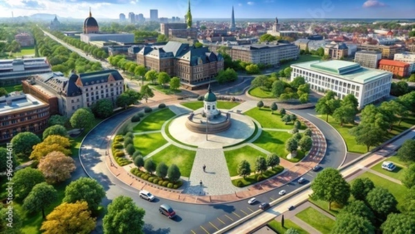 Obraz Aerial 3D illustration of a historic city square with iconic buildings, grassy knoll, and majestic memorial surrounded by roads and pedestrian walkways.