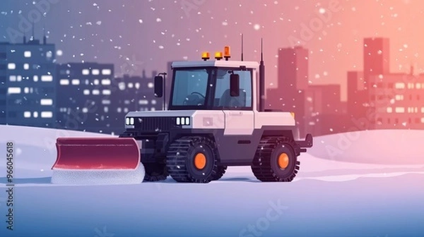 Fototapeta Autonomous snow plow, digital snow clearance route, winter urban setting, soft lighting
