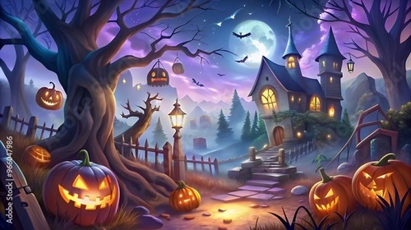 Fototapeta a halloween scene with pumpkins and a house with a full moon in the background.