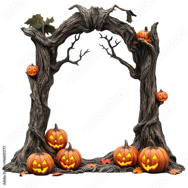 Fototapeta A spooky Halloween arch adorned with glowing pumpkins and twisted branches, perfect for festive decorations.