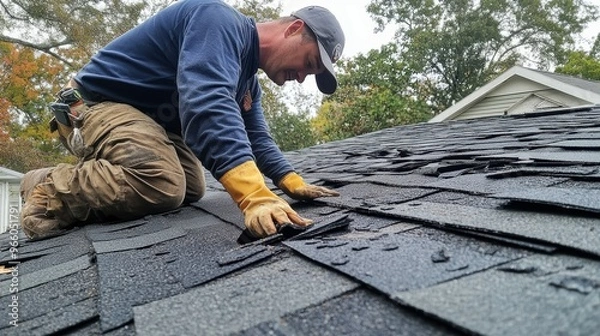 Obraz Experienced roofer nimbly replacing damaged shingles, their safety-conscious approach and extensive roofing knowledge on display