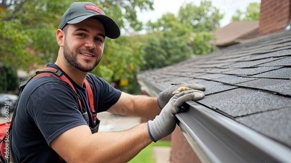 Fototapeta Dedicated gutter installer nimbly securing and aligning seamless rain gutters, their safety-conscious approach and attention to detail shining through