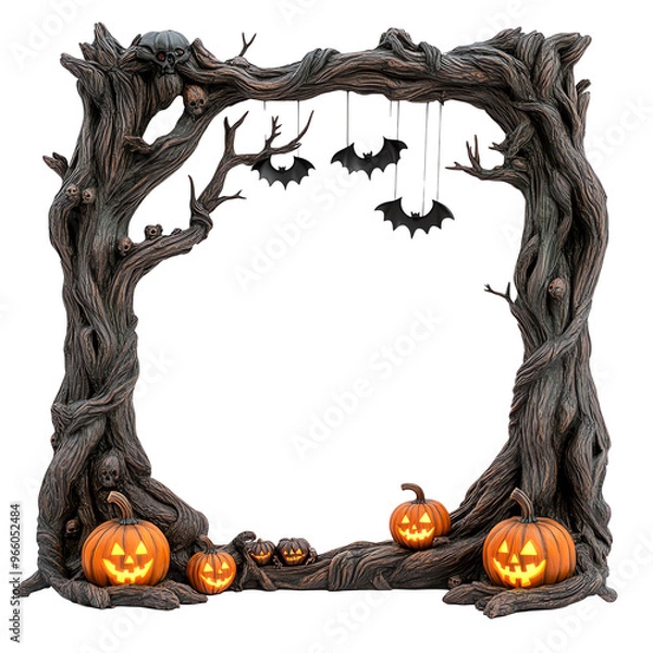 Obraz A spooky Halloween frame adorned with twisted branches, Jack-o'-lanterns, and eerie decorations, perfect for seasonal photos.