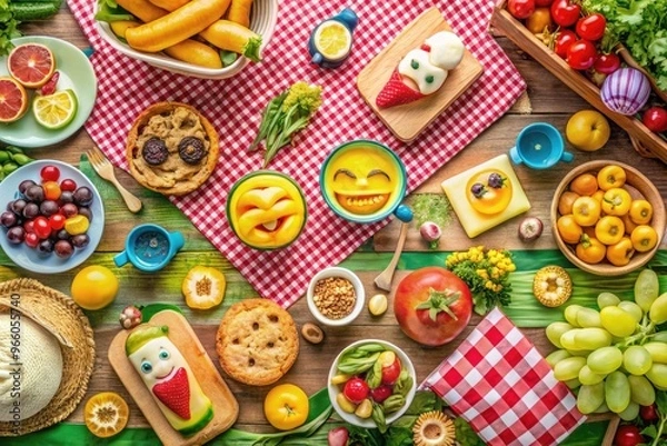 Fototapeta Cheerful Picnic Food Items Arranged On A Picnic Blanket With A Festive Emoji-Style Border, Perfect For A Fun Summer Celebration.