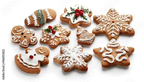 Fototapeta Christmas cookies with snowflake and star designs, decorated with icing and sprinkles, arranged on a white background