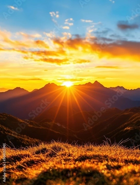 Fototapeta Breathtaking sunrise over majestic mountains, illuminating the landscape with vibrant hues and casting a warm glow on the grass. 3D