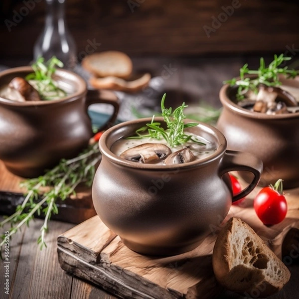 Fototapeta Creamy Mushroom Soup with Fresh Herbs – A Comforting Autumn Meal